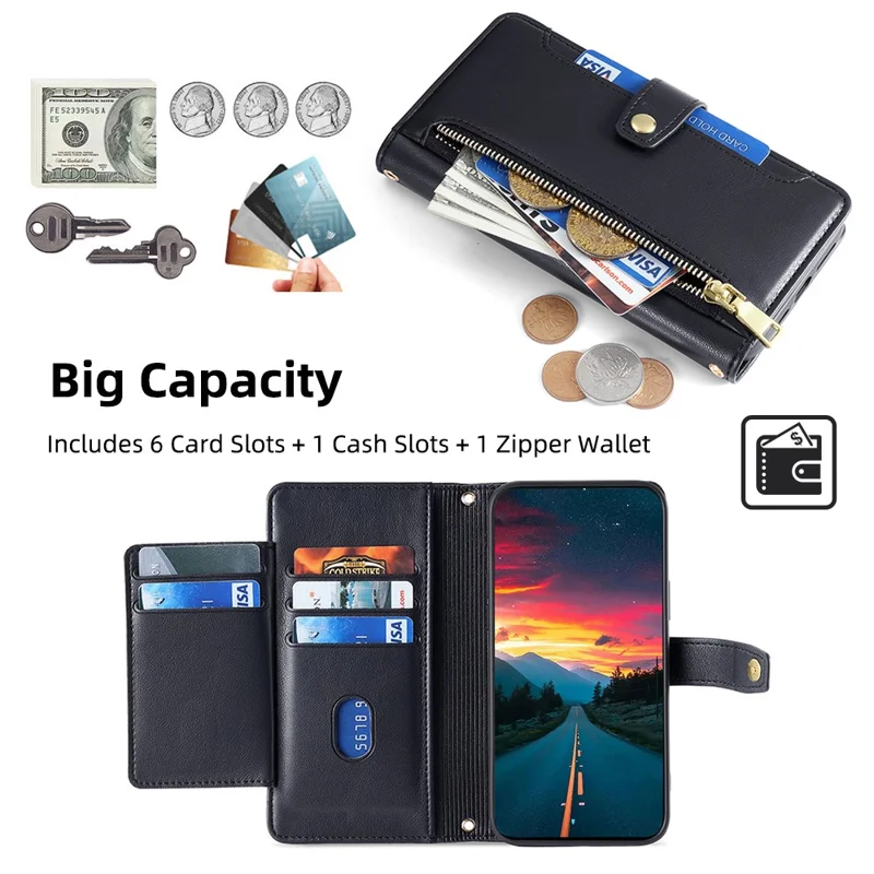For TCL 50 NxtPaper 5G / 50 Pro NxtPaper 5G Case Zipper Pocket Wallet Leather Phone Cover with 2 Straps - Black