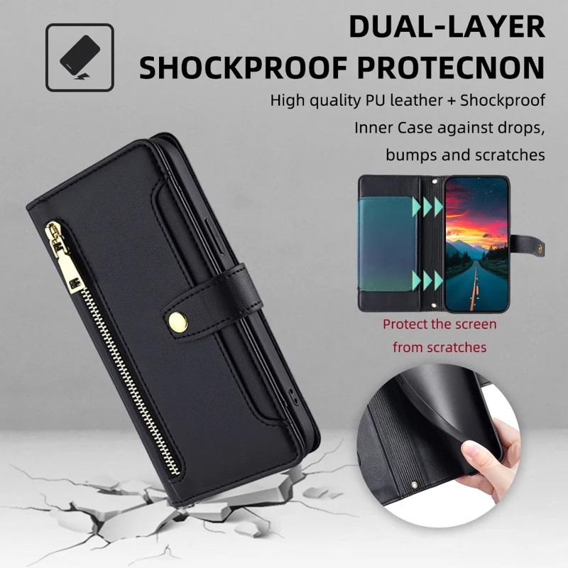 For TCL 50 NxtPaper 5G / 50 Pro NxtPaper 5G Case Zipper Pocket Wallet Leather Phone Cover with 2 Straps - Black