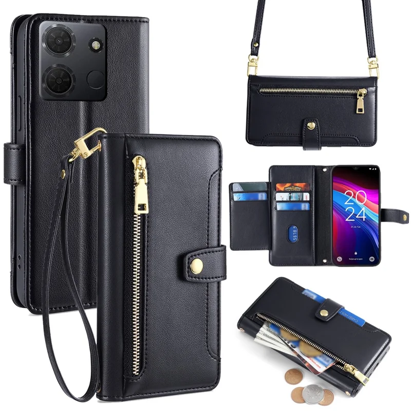 For TCL 503 Case Zipper Pocket Wallet Leather Phone Cover with 2 Straps - Black