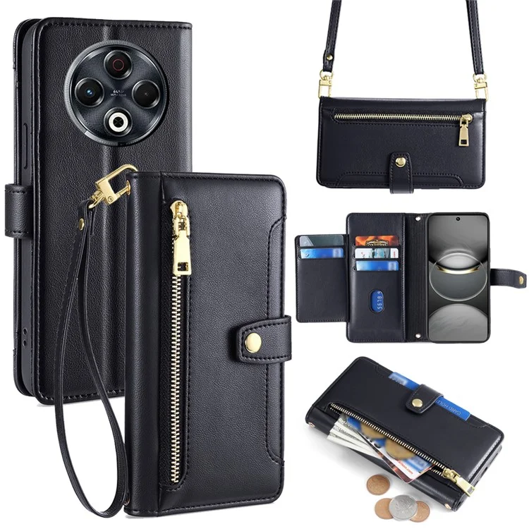 Étui portefeuille en cuir avec fermeture éclair et 2 sangles pour TECNO Spark 30 4G - Noir