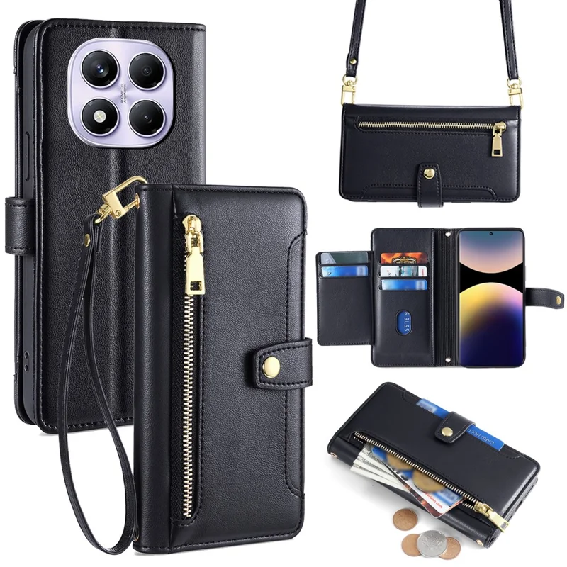 For Xiaomi Redmi Note 14 Pro 4G Case Zipper Pocket Wallet Leather Phone Cover with 2 Straps - Black