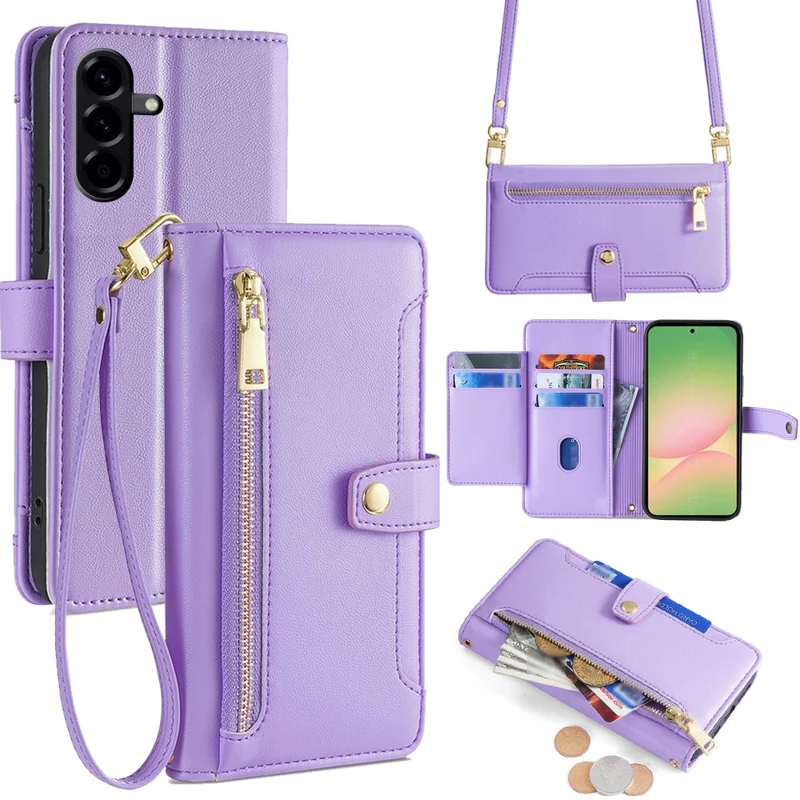 For Samsung Galaxy A56 5G Case Zipper Pocket Wallet Leather Phone Cover with 2 Straps - Purple