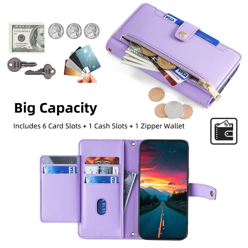 For Samsung Galaxy A56 5G Case Zipper Pocket Wallet Leather Phone Cover with 2 Straps - Purple