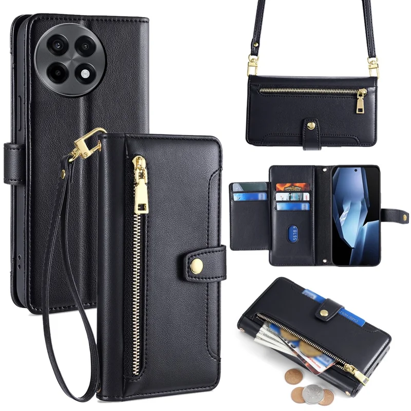 For OnePlus Ace 5 5G / Ace 5 Pro 5G Case Zipper Pocket Wallet Leather Phone Cover with 2 Straps - Black
