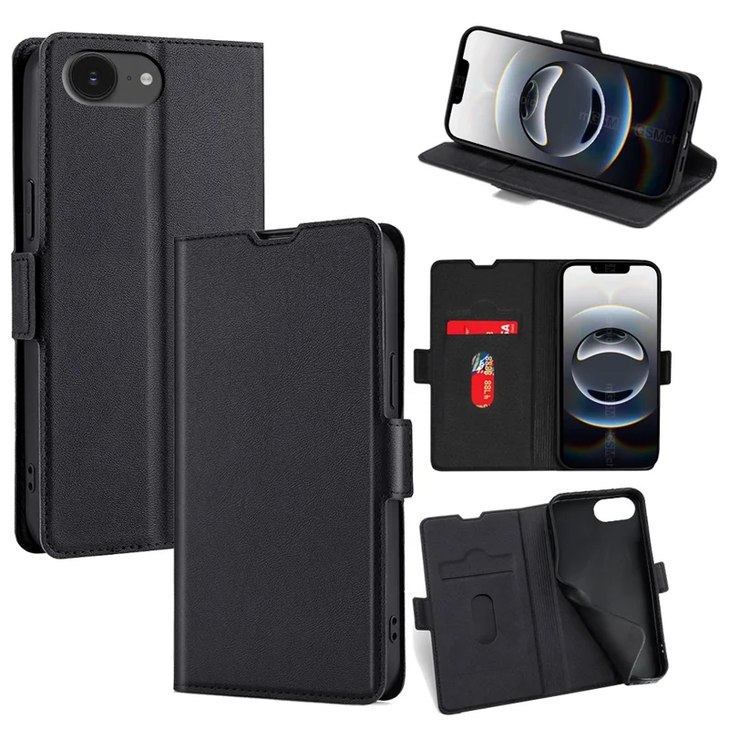 For iPhone 16e Case Card Holder PU Leather Phone Cover - Black