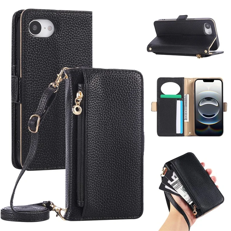 For iPhone 16e Wallet Phone Case Shockproof TPU+PU Leather Flip Cover with Mirror, Strap - Black