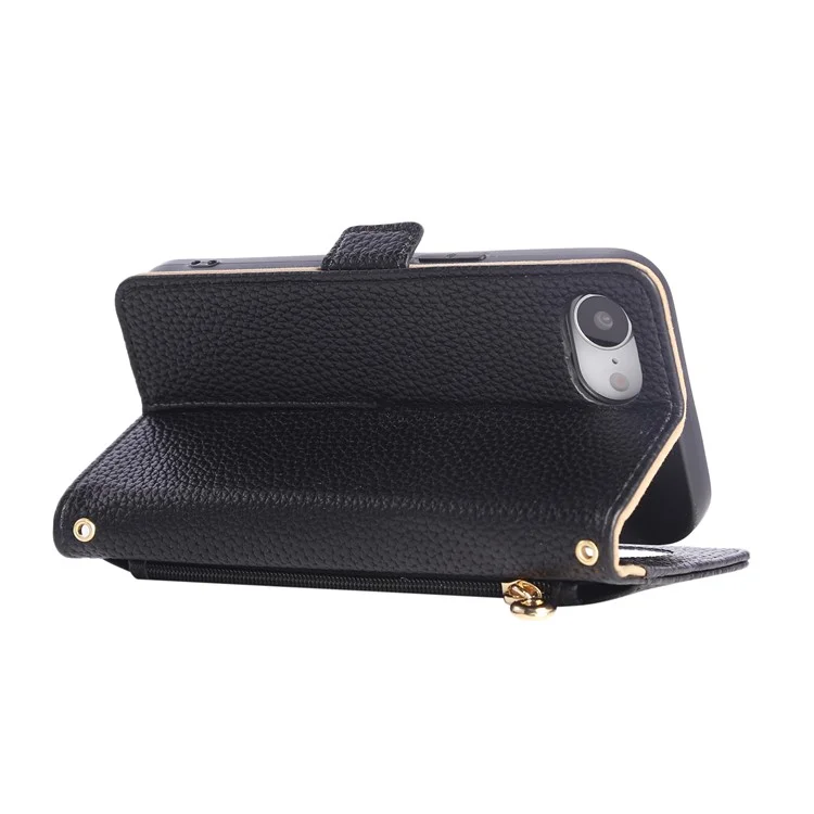 For iPhone 16e Wallet Phone Case Shockproof TPU+PU Leather Flip Cover with Mirror, Strap - Black