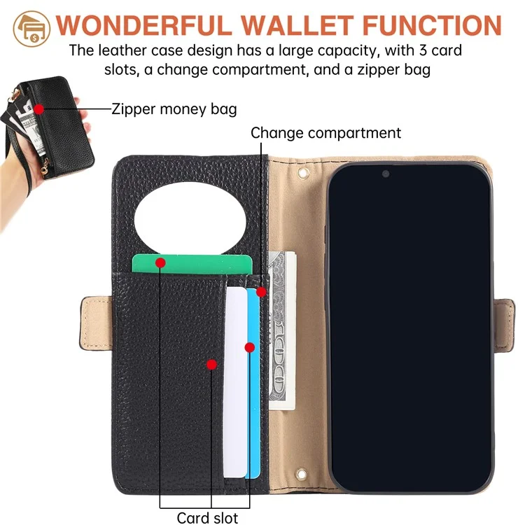 For iPhone 16e Wallet Phone Case Shockproof TPU+PU Leather Flip Cover with Mirror, Strap - Black