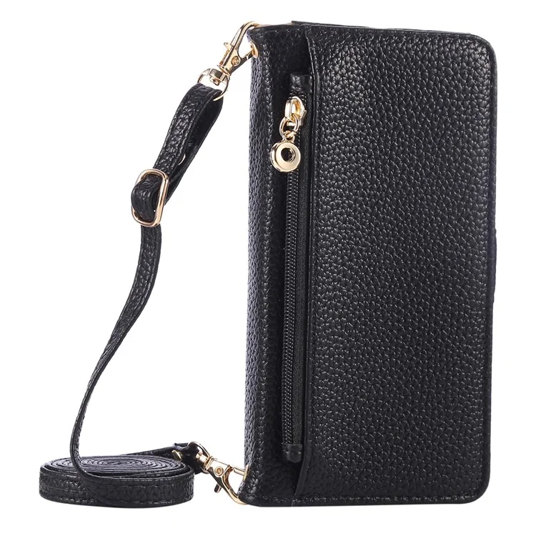 For iPhone 16e Wallet Phone Case Shockproof TPU+PU Leather Flip Cover with Mirror, Strap - Black