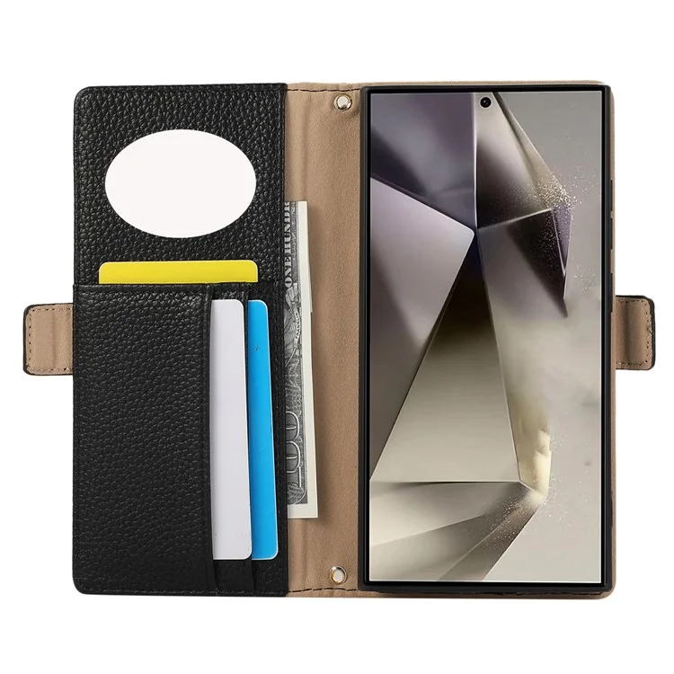 For Samsung Galaxy S25 Ultra Wallet Phone Case Shockproof TPU+PU Leather Flip Cover with Mirror, Strap - Black