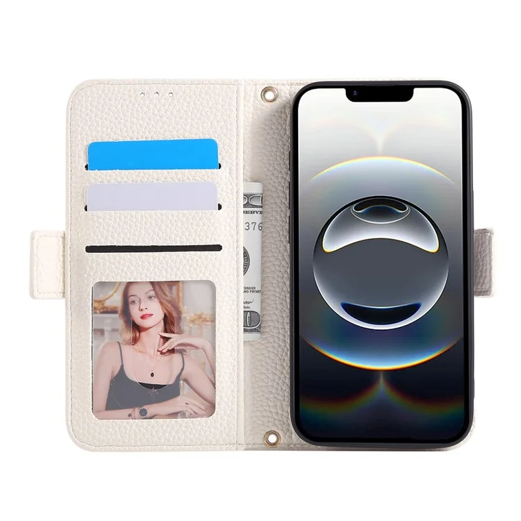 For iPhone 16e Wallet Case RFID Blocking Litchi Texture Flip Leather Cover with Wrist Strap and Crossbody Strap - Beige