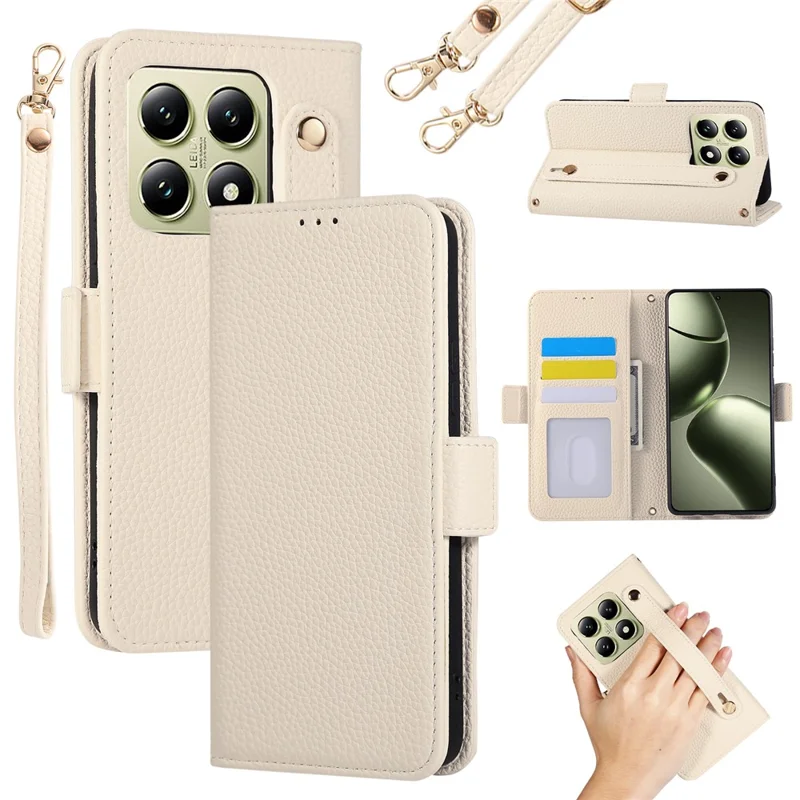 For Xiaomi 14T Leather Case RFID Blocking Shockproof Wallet Phone Cover with Straps - Beige