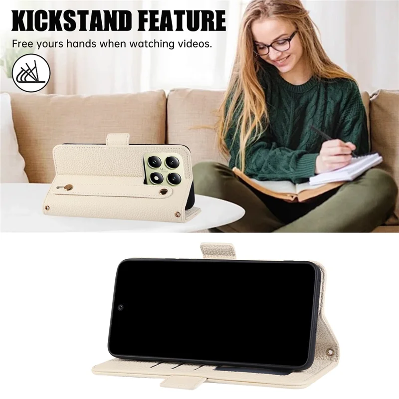 For Xiaomi 14T Leather Case RFID Blocking Shockproof Wallet Phone Cover with Straps - Beige