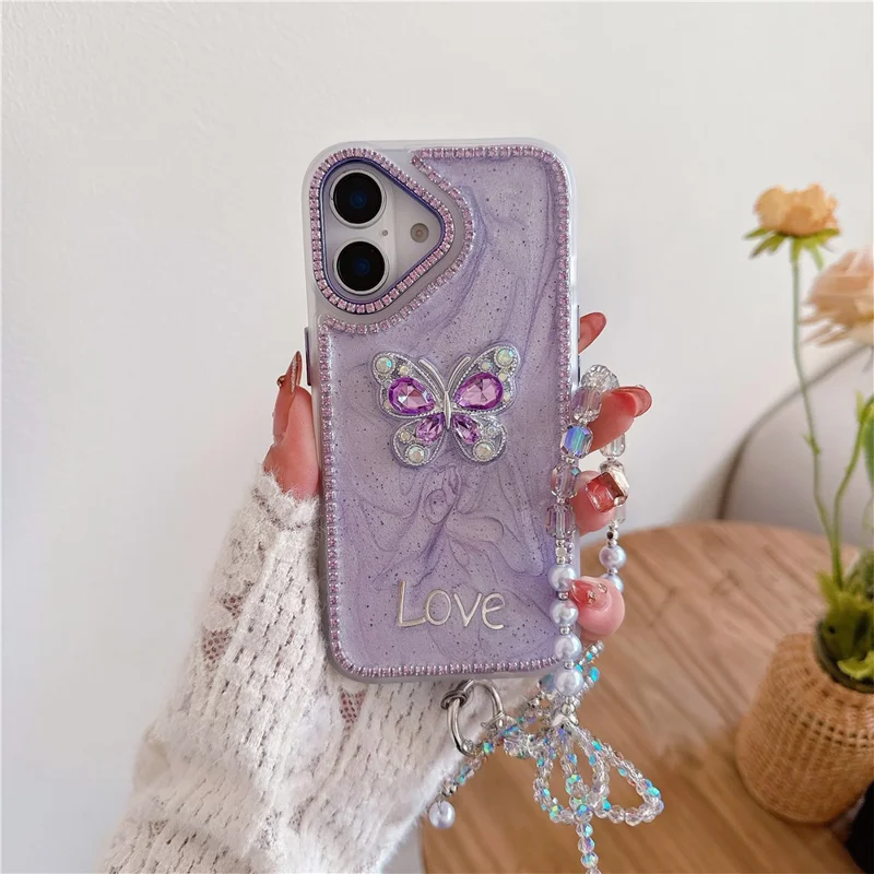 For iPhone 16 Case with Strap Rhinestone Decor Butterfly Design TPU + PC Phone Back Cover - Purple