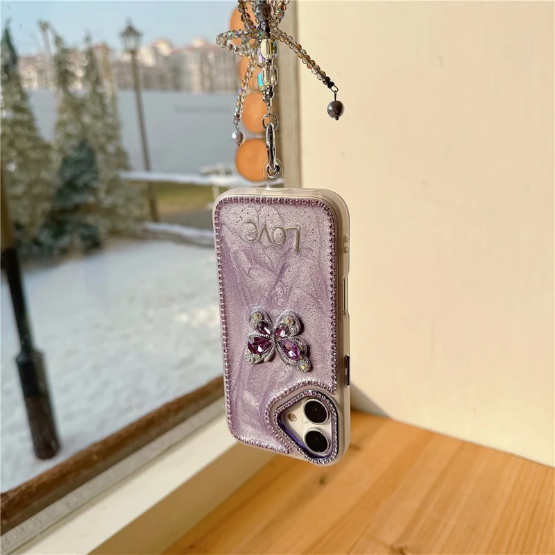For iPhone 16 Case with Strap Rhinestone Decor Butterfly Design TPU + PC Phone Back Cover - Purple