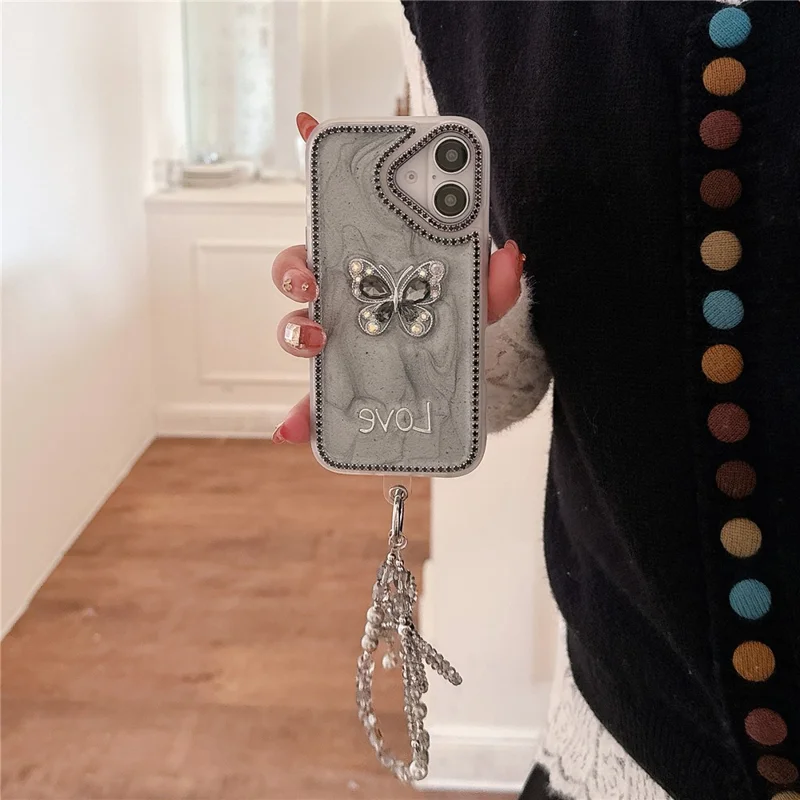 For iPhone 16 Case with Strap Rhinestone Decor Butterfly Design TPU + PC Phone Back Cover - Purple
