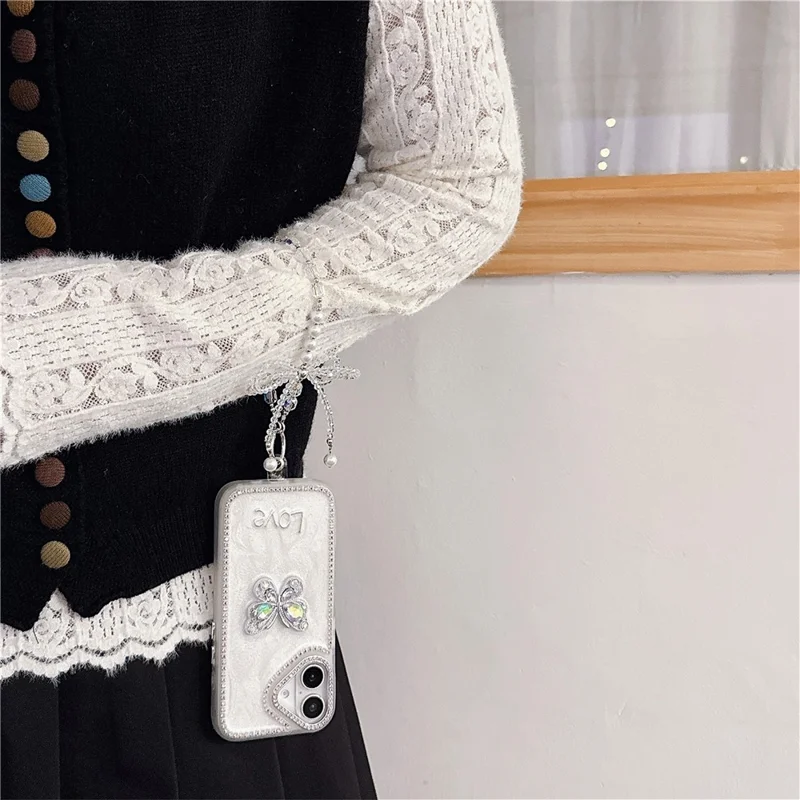 For iPhone 16 Case with Strap Rhinestone Decor Butterfly Design TPU + PC Phone Back Cover - Purple