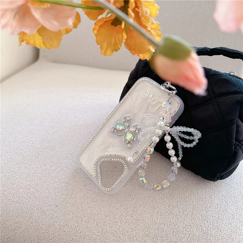 For iPhone 16 Case with Strap Rhinestone Decor Butterfly Design TPU + PC Phone Back Cover - Purple