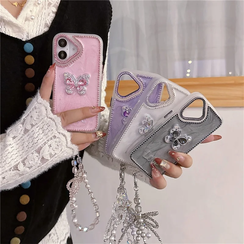 For iPhone 16 Case with Strap Rhinestone Decor Butterfly Design TPU + PC Phone Back Cover - Purple