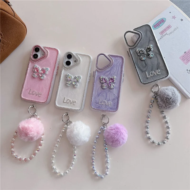 For iPhone 16 Case with Plush Ball Strap Rhinestone Decor Butterfly Design TPU + PC Phone Back Cover - Pink