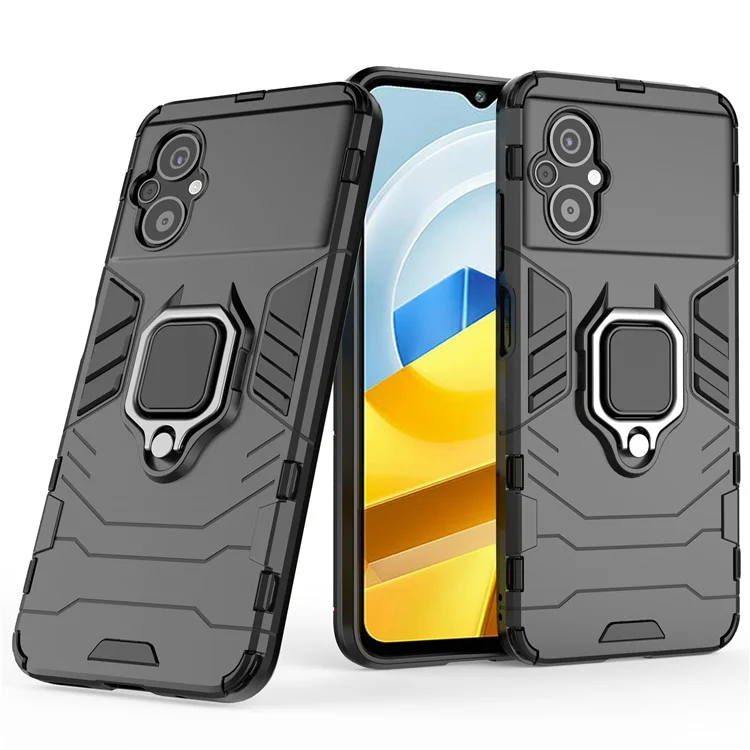Per Xiaomi Poco M5 4G Anti-drop Phone Case Ring Holder Kickstand Hard PC Soft TPU Smartphone Cover - Nero