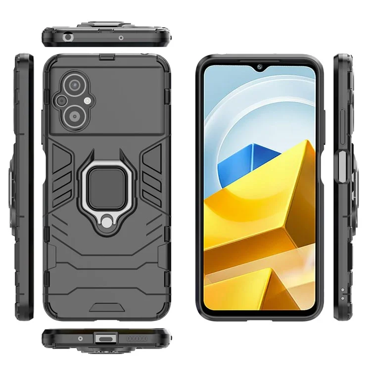 Per Xiaomi Poco M5 4G Anti-drop Phone Case Ring Holder Kickstand Hard PC Soft TPU Smartphone Cover - Nero