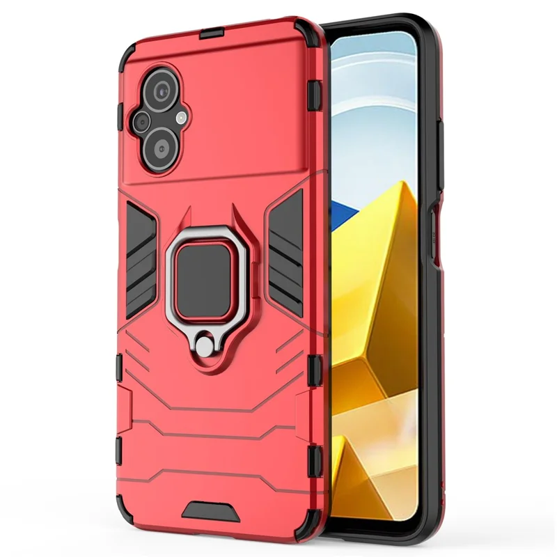 For Xiaomi Poco M5 4G Anti-drop Phone Case Ring Holder Kickstand Hard PC Soft TPU Smartphone Cover - Red