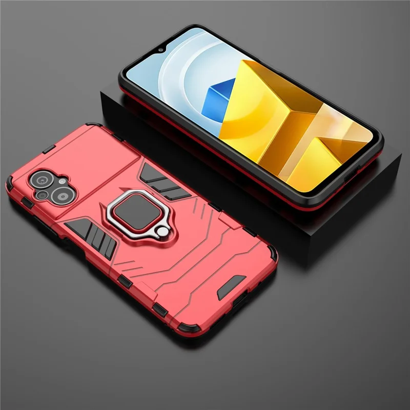 For Xiaomi Poco M5 4G Anti-drop Phone Case Ring Holder Kickstand Hard PC Soft TPU Smartphone Cover - Red