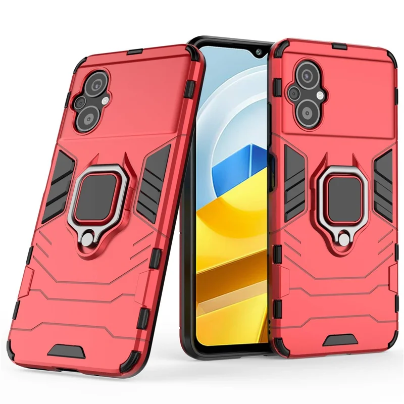 For Xiaomi Poco M5 4G Anti-drop Phone Case Ring Holder Kickstand Hard PC Soft TPU Smartphone Cover - Red