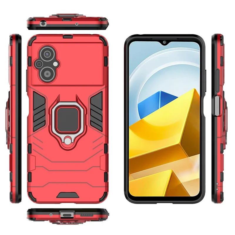 For Xiaomi Poco M5 4G Anti-drop Phone Case Ring Holder Kickstand Hard PC Soft TPU Smartphone Cover - Red