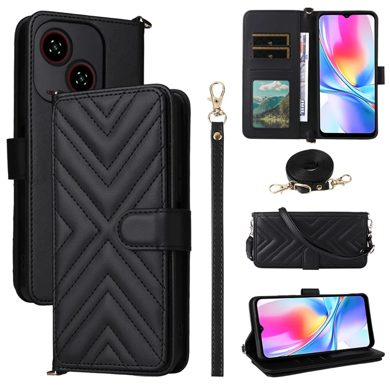 Für ZTE Blade A35e (Z2466) Hülle mit Schulterriemen Geldbörse Lederhülle für Handy - Schwarz
