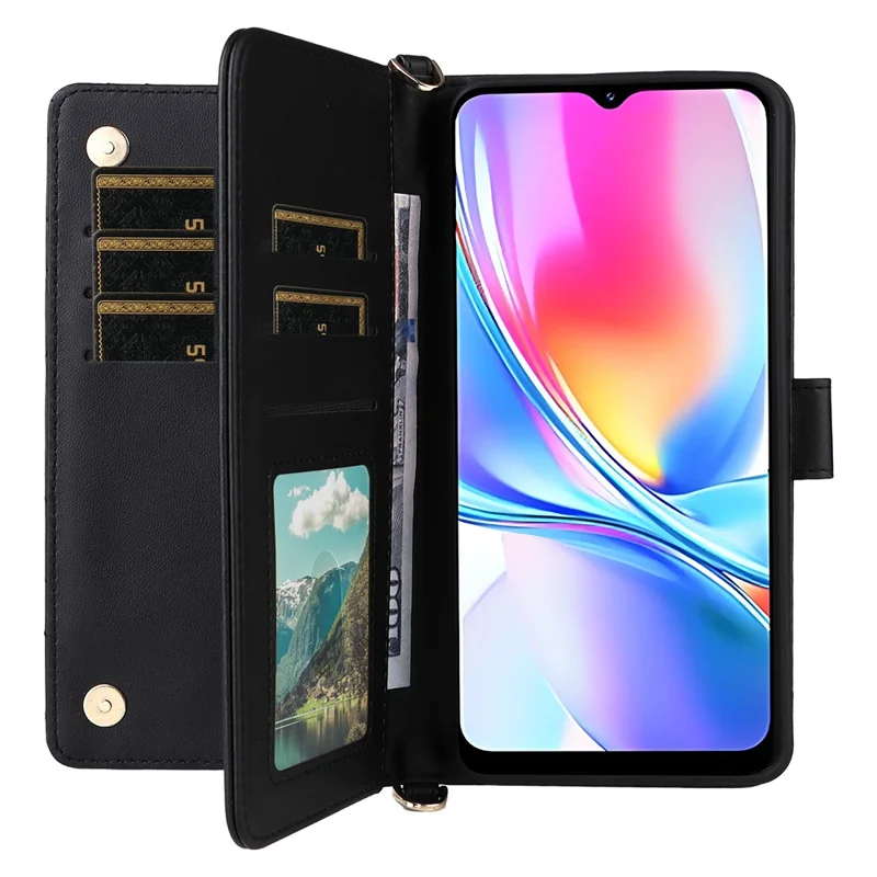 Für ZTE Blade A35e (Z2466) Hülle mit Schulterriemen Geldbörse Lederhülle für Handy - Schwarz
