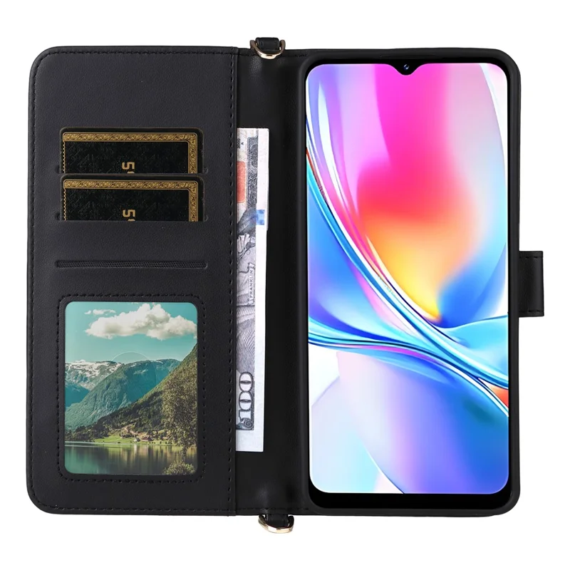 Für ZTE Blade A35e (Z2466) Hülle mit Schulterriemen Geldbörse Lederhülle für Handy - Schwarz