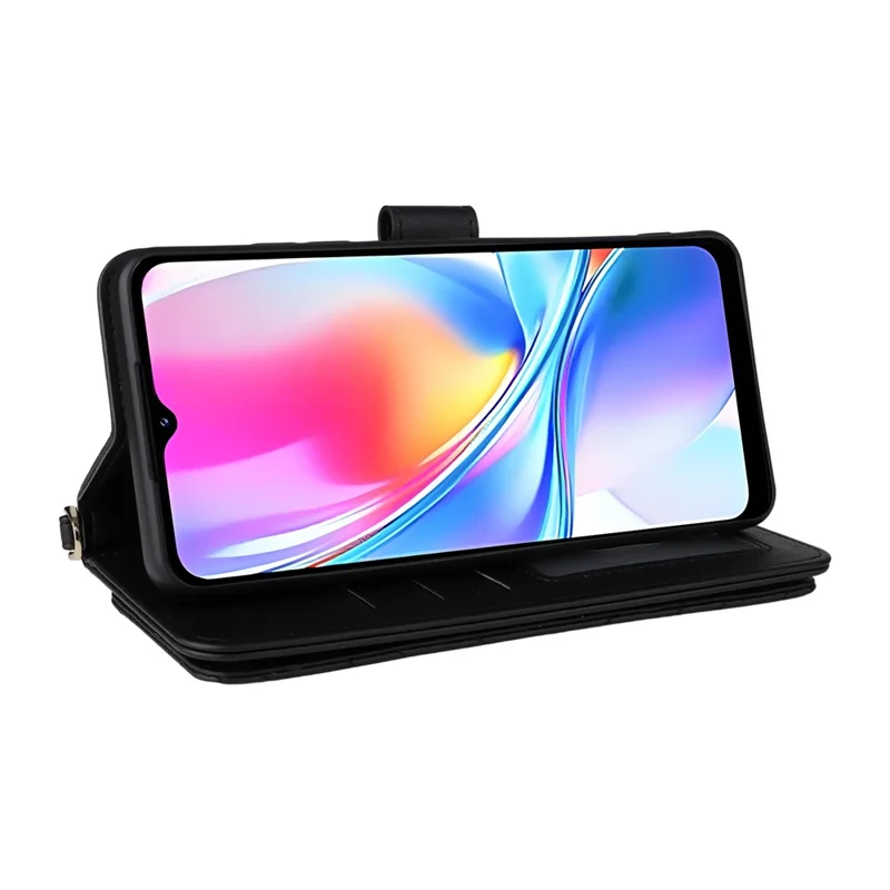 Für ZTE Blade A35e (Z2466) Hülle mit Schulterriemen Geldbörse Lederhülle für Handy - Schwarz