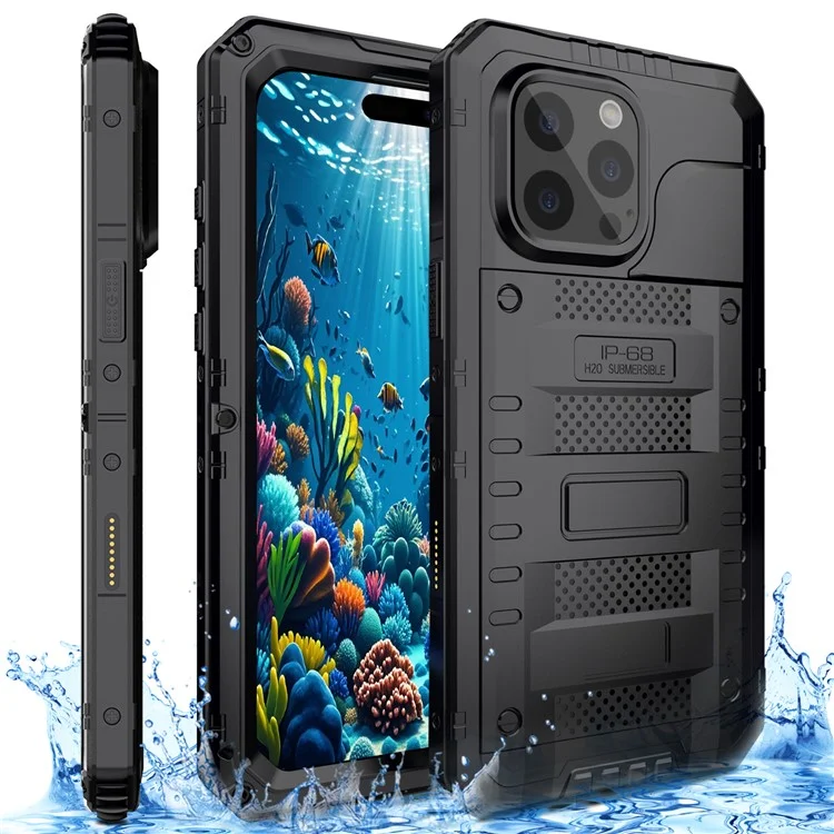 IP68 wasserdichte Handyhülle für iPhone 16 Pro Max Metall + Silikon Hülle mit Displayschutz - Schwarz