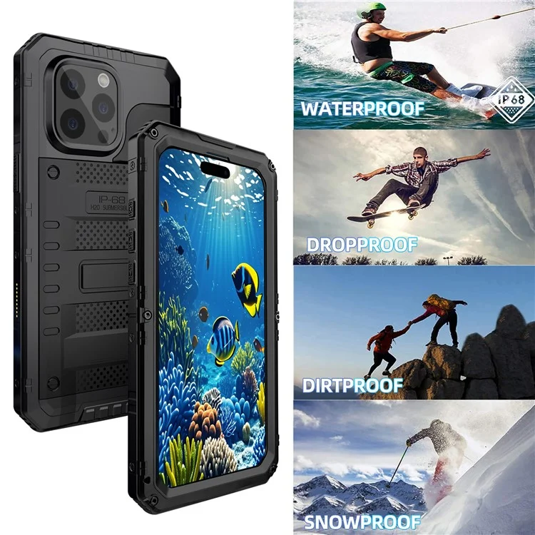 IP68 wasserdichte Handyhülle für iPhone 16 Pro Max Metall + Silikon Hülle mit Displayschutz - Schwarz