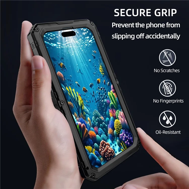 IP68 wasserdichte Handyhülle für iPhone 16 Pro Max Metall + Silikon Hülle mit Displayschutz - Schwarz