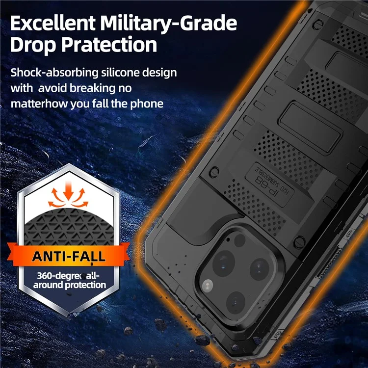 IP68 wasserdichte Handyhülle für iPhone 16 Pro Max Metall + Silikon Hülle mit Displayschutz - Schwarz