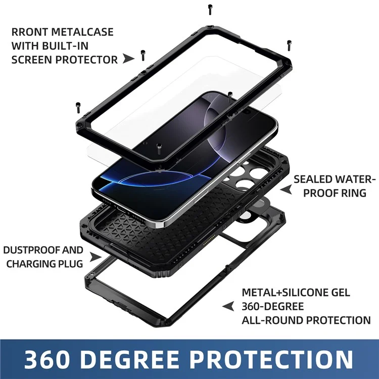 IP68 wasserdichte Handyhülle für iPhone 16 Pro Max Metall + Silikon Hülle mit Displayschutz - Schwarz