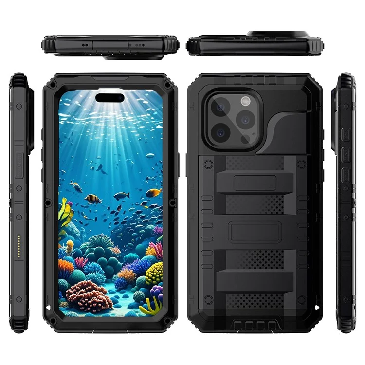 IP68 wasserdichte Handyhülle für iPhone 16 Pro Max Metall + Silikon Hülle mit Displayschutz - Schwarz