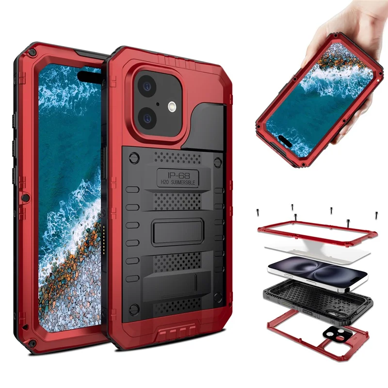 IP68 vattentät mobilskal för iPhone 16 metall + silikon med skärmskydd - Röd