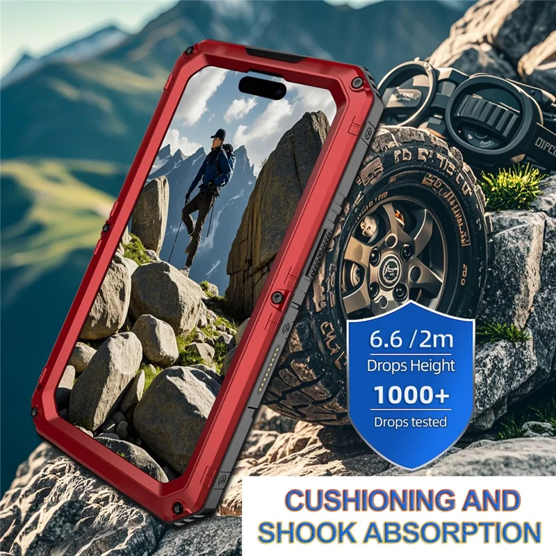IP68 vattentät mobilskal för iPhone 16 metall + silikon med skärmskydd - Röd