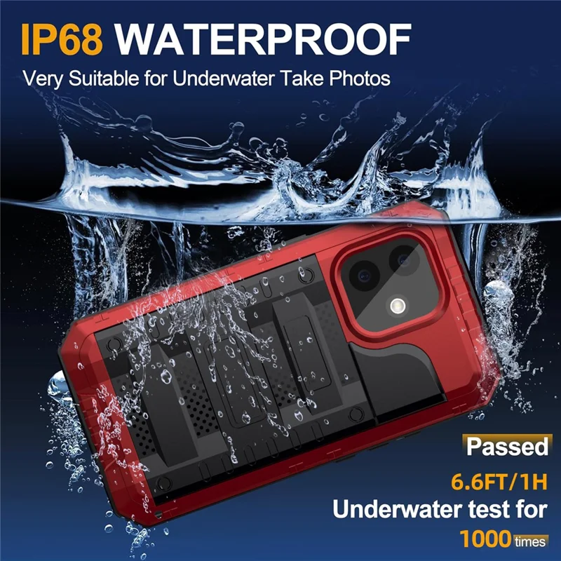IP68 vattentät mobilskal för iPhone 16 metall + silikon med skärmskydd - Röd