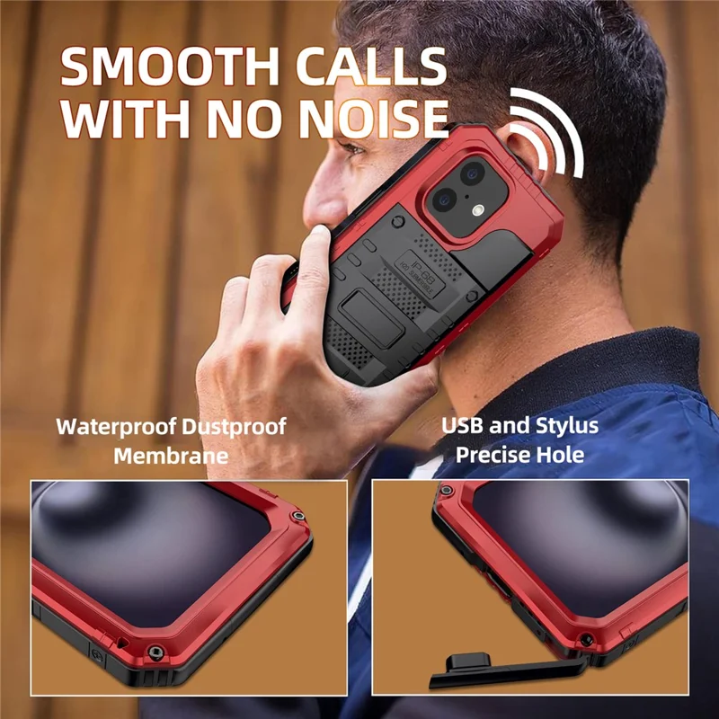 IP68 vattentät mobilskal för iPhone 16 metall + silikon med skärmskydd - Röd