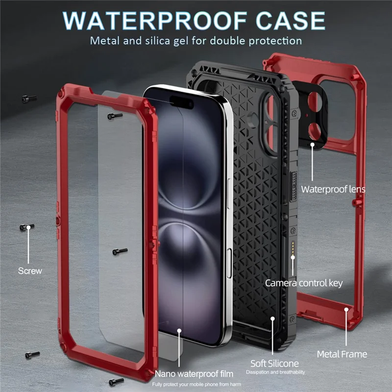 IP68 vattentät mobilskal för iPhone 16 metall + silikon med skärmskydd - Röd