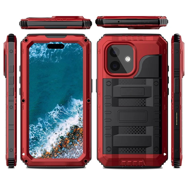 IP68 vattentät mobilskal för iPhone 16 metall + silikon med skärmskydd - Röd