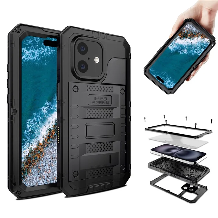 Funda Impermeable IP68 para iPhone 16 Plus Metálica + Silicona con Protector de Pantalla - Negro
