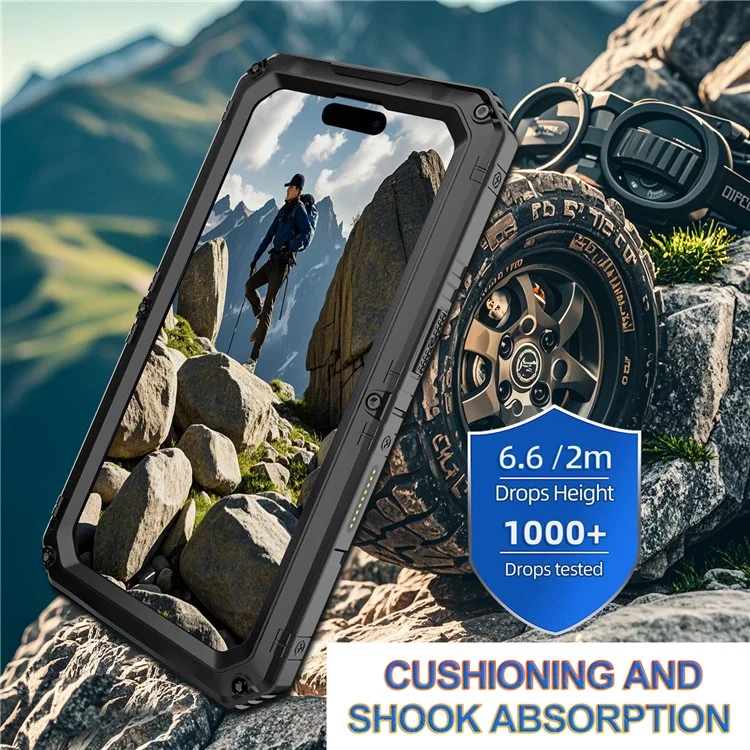 Funda Impermeable IP68 para iPhone 16 Plus Metálica + Silicona con Protector de Pantalla - Negro