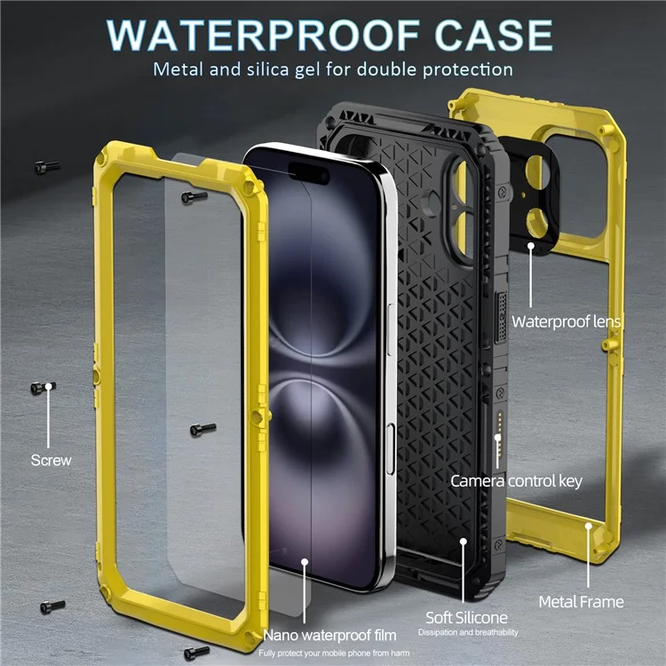 Funda Impermeable IP68 para iPhone 16 Plus Metálica + Silicona con Protector de Pantalla - Negro