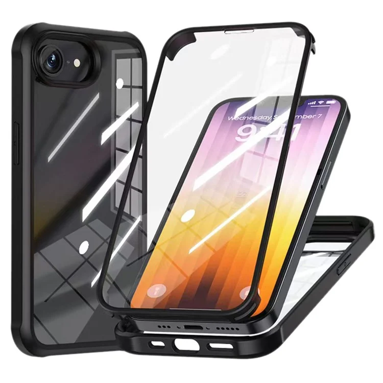 Для iPhone 16e Чехол с двухсторонним закалённым стеклом + силикон + TPU - Чёрный